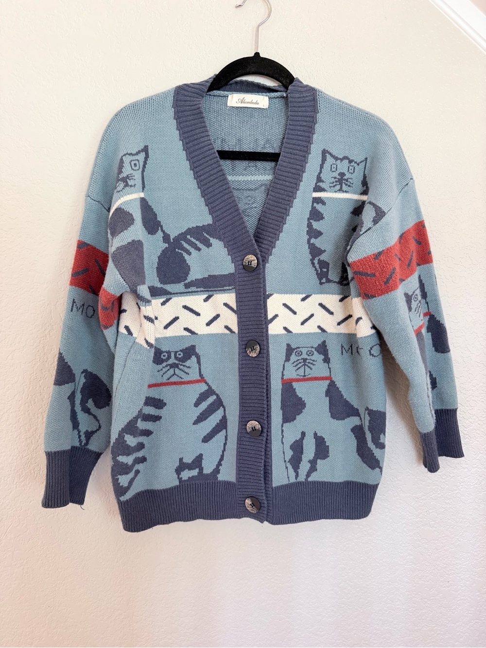 Alicedudu Balmy Cat Oversized Cardigan Sweater Size L Blue Cat Print Colorblock - Picture 2 of 8